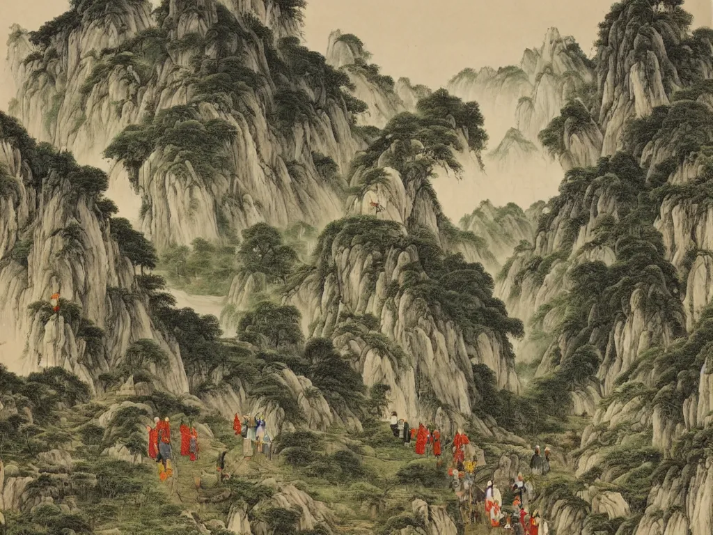 Image similar to landscape painting by huang gongwang, mountains, karst, waterfalls, peasants working, temples, monks roaming, farm animals, ox, long stairs through the hills, ponds