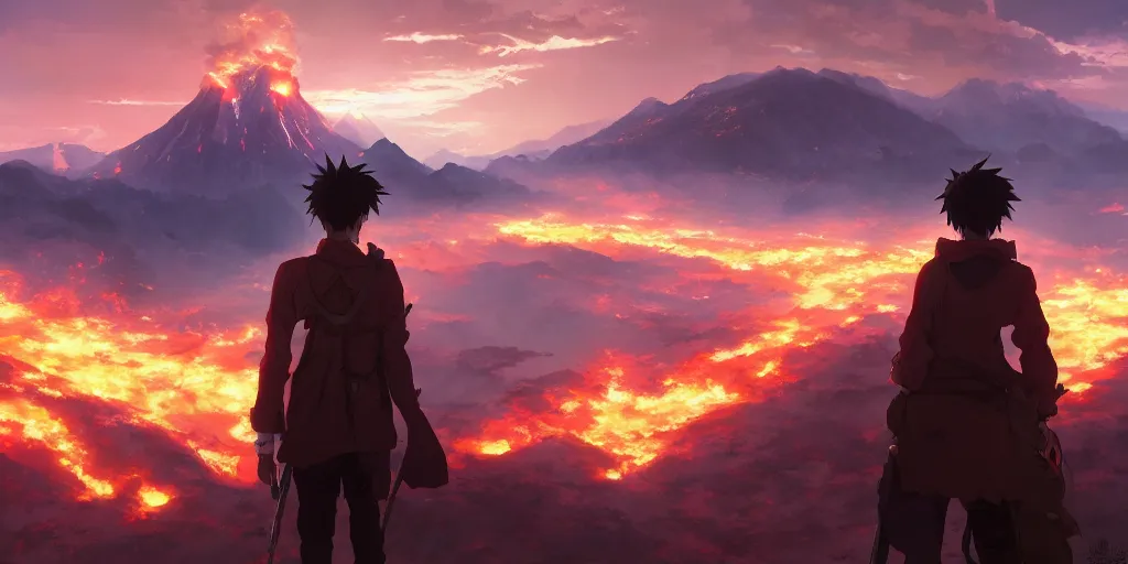 Image similar to anime character in front of an apocalyptic landscape with mountains and the clouds are burning, hyperrealistic, trending on pixiv fanbox, painted by greg rutkowski makoto shinkai takashi takeuchi studio ghibli, akihiko yoshida