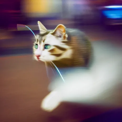 Image similar to photo of a fast blurry cat with motion blur, moving at the speed of light through outer space