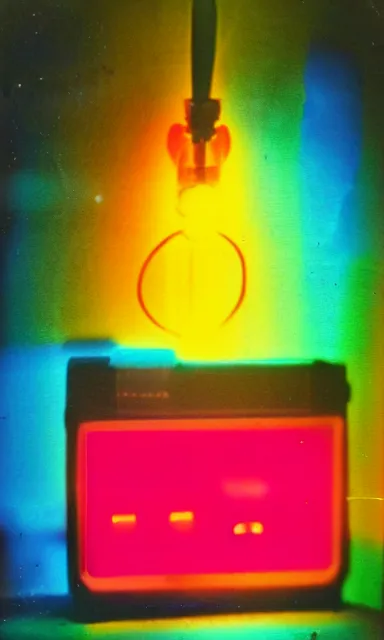 Prompt: colorful chromatic abberation, 9 0 s toy commercial, photo from the 7 0 s, horror lighting, neon lighting, polaroid photo,