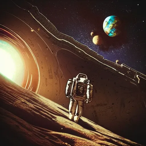 Prompt: “ human astronaut wide shot picture from behind gaze in awe looking at an unknown vast alien city unknown planet high edifications intricate architecture desert sharp focus art detail lights cinematic hdr vibrant colors ”