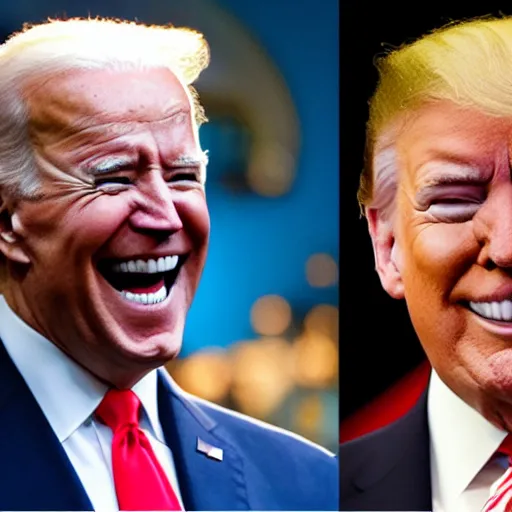 Image similar to joe biden laughing maniacally while donald trump cries in the background