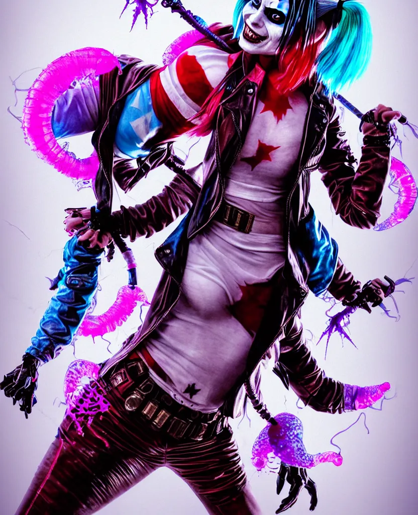 Image similar to Regan (The Exorcist) as Harley Quin (The Suicide Squad), epic angle and pose, symmetrical artwork, 3d with depth of field, blurred background, cybernetic jellyfish female face skull phoenix bird, translucent, nautilus, energy flows of water and fire. a highly detailed epic cinematic concept art CG render. made in Maya, Blender and Photoshop, octane render, excellent composition, cinematic dystopian brutalist atmosphere, dynamic dramatic cinematic lighting, aesthetic, very inspirational, arthouse, Greg Rutkowski, Ilya Kuvshinov, WLOP, Stanley Artgerm Lau, Ruan Jia and Fenghua Zhong