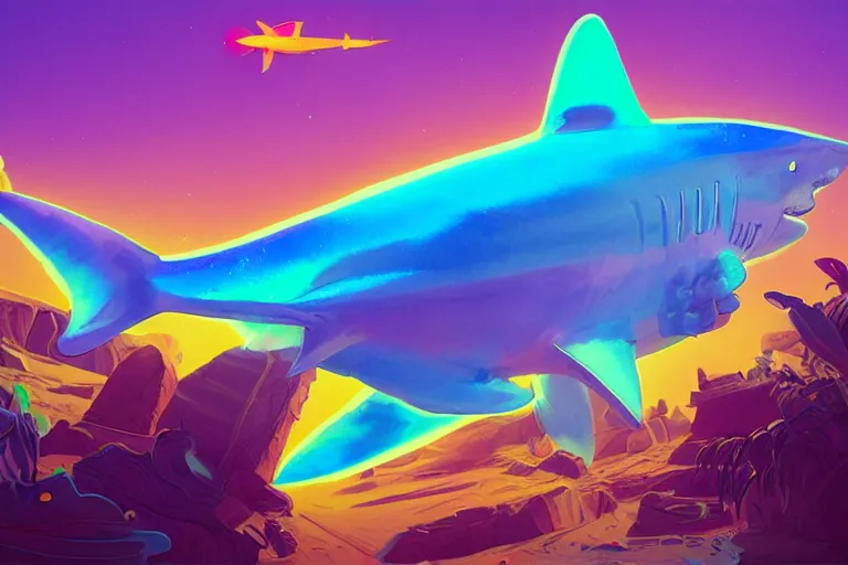 Prompt: a holographic projection of a huge colorful transparent shark appears in the desert at night, a man is stunned, by anton fadeev and beeple, highly - detailed, fantasy