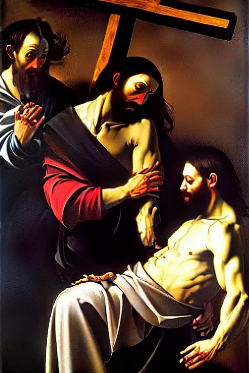 Prompt: jesus on cross, painting by caravaggio