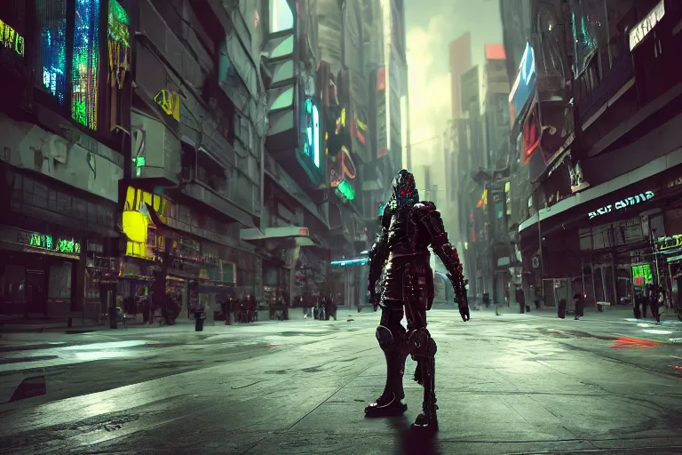 Prompt: professional photo of a cyberpunk knight in armor on the busy streets of a dystopian futuristic city with pedestrians, 4k, octane render, Unreal Engine