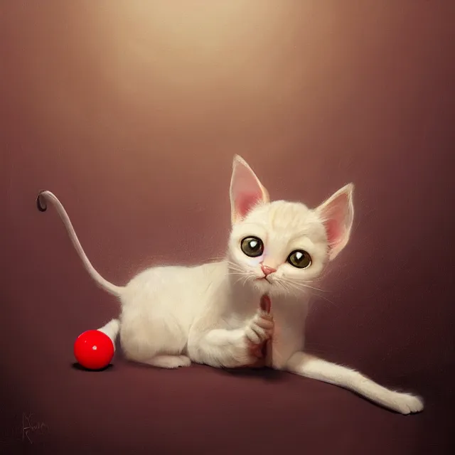 Image similar to a painting of a cute light beige kitten with dark brown ears and face and legs and tail and white paws playing with a red yarn ball. big eyes. character design by cory loftis, fenghua zhong, ryohei hase, ismail inceoglu and ruan jia. volumetric light, detailed, rendered in octane