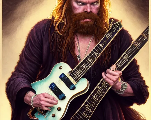 Image similar to smooth mcgroove in arcane tv series, holding a white randy rhoads guitar rr 1, deep focus, d & d, fantasy, intricate, elegant, highly detailed, digital painting, artstation, concept art, matte, sharp focus, illustration, hearthstone, art by artgerm and greg rutkowski and alphonse mucha