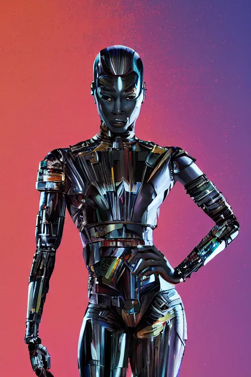 Image similar to full body portrait of the African Android Queen, by DC comics and Sandra Chevrier and beeple, artstation, volumetric lighting, hyperrealism, futuristic royalty, strong and muscular, award winning costume design, cybernetic bionic cyborg, fashion show runway, futuristic fine textures, woven with electricity, high fashion superpowers, wakanda, 4k UHD, 35mm