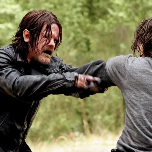 Prompt: Norman reedus fighting off a walker, movie still from the walking dead