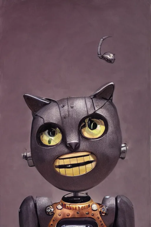 Prompt: a cute cat robot, painted by wally wood and matt jefferies, trending on artstation, steam punk, bright macro view pixar, award - winning, blueprint, big eyes, copper wire whiskers, chillwave, realism