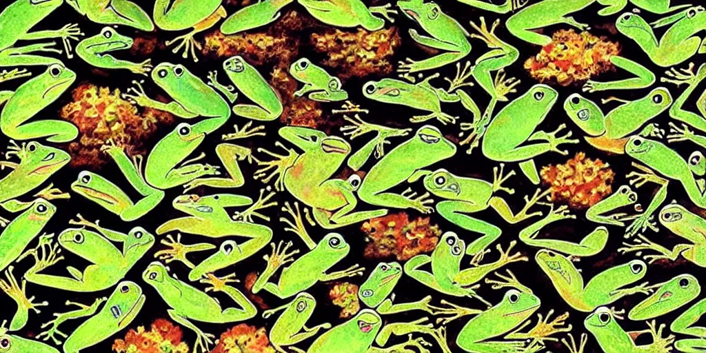 Image similar to frog frog frog, lots of frogs, frogs, wow frogs, look at those frogs, damn that’s a lot of frogs