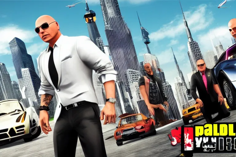 Prompt: pitbull mr. worldwide in a ps 3 game, gtav, y 2 k cybercore,