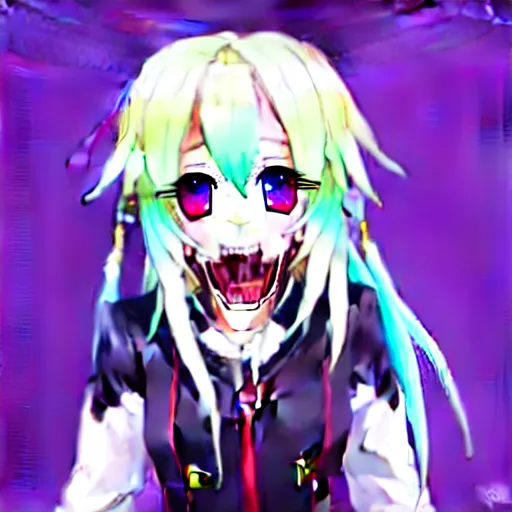 Image similar to gawr gura, 1 girl, virtual youtuber, hood, animal hood, multicolored hair, solo, blue eyes, sharp teeth, teeth, white background, safe