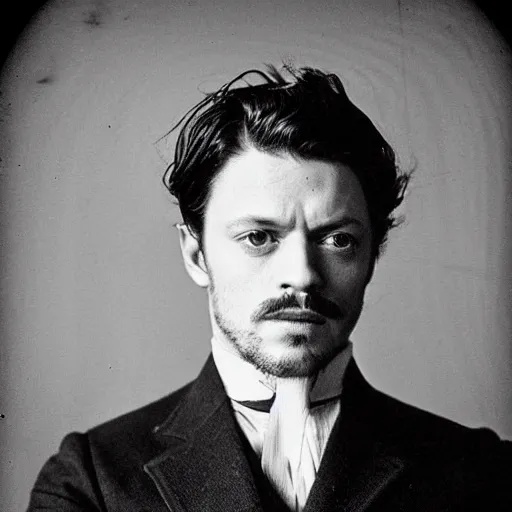 Image similar to headshot edwardian photograph of james mcavoy, sebastian stan, henry cavill, moustache, 1 9 2 0 s film actor, suave, charming, realistic face, 1 9 1 0 s photography, 1 9 0 0 s, grainy, victorian, soft blur