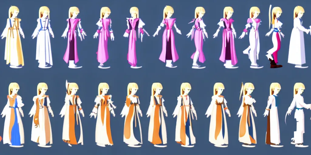 Prompt: walking animation sprite sheet of a girl in a renaissance dress, walking to the right, each sprite is a different frame of the animation, in the style of final fantasy games