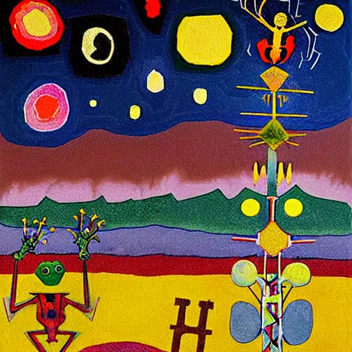 Image similar to pixel decollage painting tarot lovers card composition tower of babel road red armor maggot bear and wonky alien frog skeleton knight on a horse in a dark red cloudy night sky with golden foil jewish stars, occult symbols and diamonds, mountain lake and blossoming field in background, painted by Mark Rothko, Helen Frankenthaler, Danny Fox and Hilma af Klint, pixelated, neo expressionism, semi naive, pastel colors, cinematic, color field painting, cave painting, voxel, pop art look, outsider art, minimalistic. Bill Traylor painting, part by Philip Guston and Francis Bacon. art by Adrian Ghenie, very coherent symmetrical artwork, cinematic, hyper realism, high detail, octane render, unreal engine, Smooth gradients, depth of field, full body character drawing, extremely detailed, 8k, extreme detail, intricate detail, masterpiece