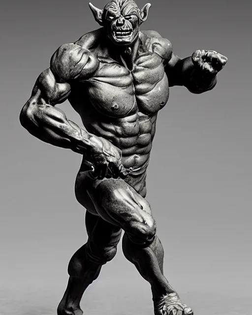 Image similar to a full figure rubber sculpture of running Orc, by Frank Frazetta and Michelangelo, dramatic lighting, rough texture, wide angle lens