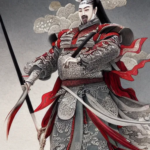 Image similar to dynamic composition, motion, ultra-detailed, incredibly detailed, a lot of details, amazing fine details and brush strokes, colorful and grayish palette, smooth, HD semirealistic anime CG concept art digital painting, watercolor oil painting of a Tang Ming dynasty chinese tao fantasy general wearing armor, from Three Kingdoms, by a Chinese artist at ArtStation, by Huang Guangjian, Fenghua Zhong, Ruan Jia, Xin Jin and Wei Chang. Realistic artwork of a Chinese videogame, gradients, gentle an harmonic grayish colors.