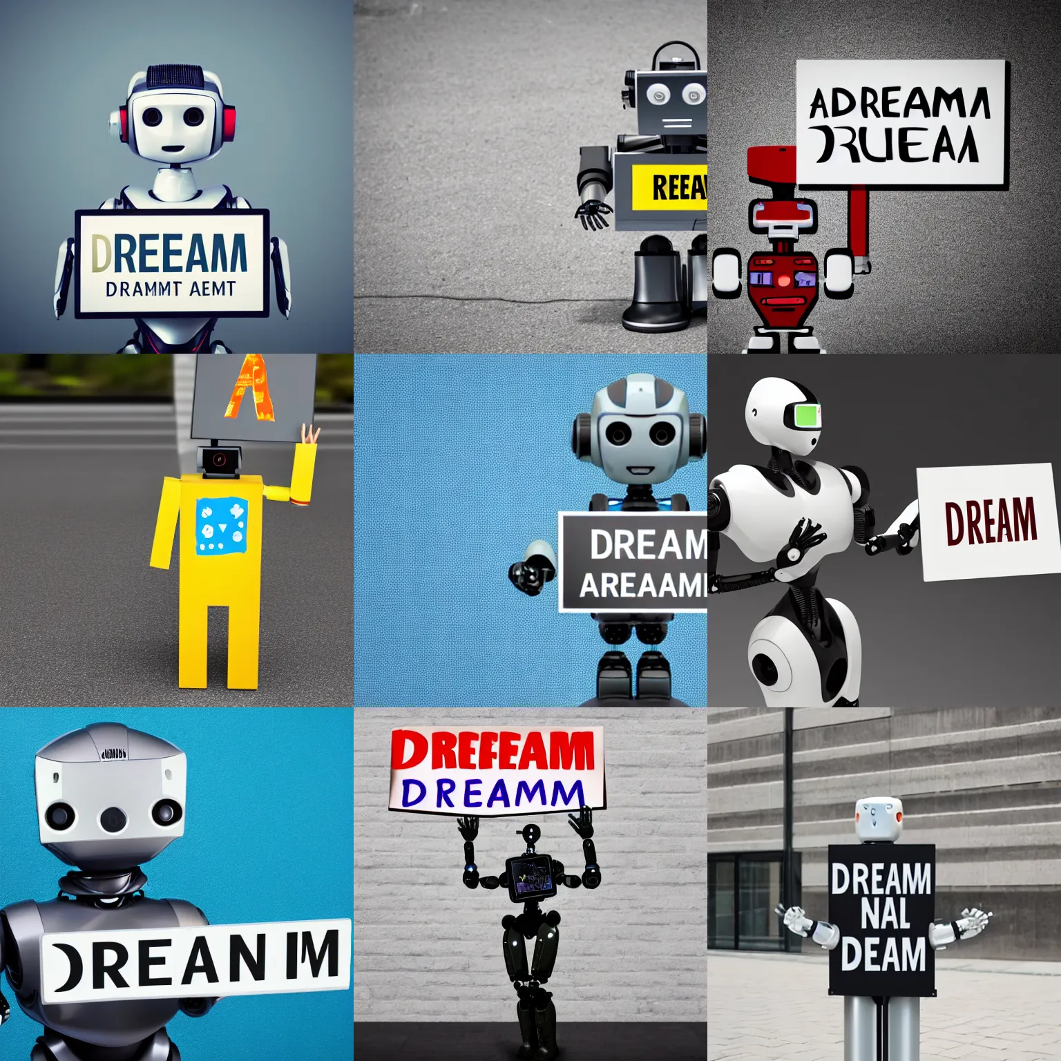 Image similar to artificial intelligence robot holding a sign with text that reads : dream