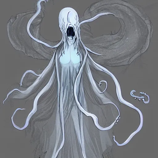Prompt: concept turnaround page of a psychic ethereal ghostly wraith like figure with a squid like parasite latched onto its transparent skull and long tentacle arms that flow lazily but gracefully at its sides like a cloak while it floats around a frozen rocky tundra in the snow searching for lost souls and that hides amongst the frosted trees that gets its power from the moon and shadows, this character has cryokinesis, umbrakinesis, and electrokinesis for the franchise Bloodborne in the style of arcane the series on netflix