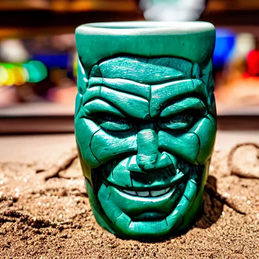 Prompt: a closeup photorealistic photograph of ben grimm's face on a tiki mug at a trader vic's beach bar. fantastic four. tiki culture. bright scene. fine detail. this 4 k hd image is trending on artstation, featured on behance, well - rendered, extra crisp, features intricate detail, epic composition and the style of unreal engine.