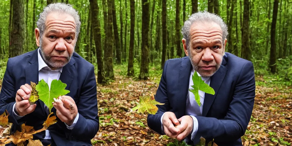 Image similar to alan sugar eating leaves in a forest. eating leaves