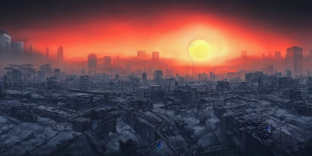 Image similar to nuclear winter, tokyo city, near future, fantasy, sci - fi, hyper realistic, serene, sunset.