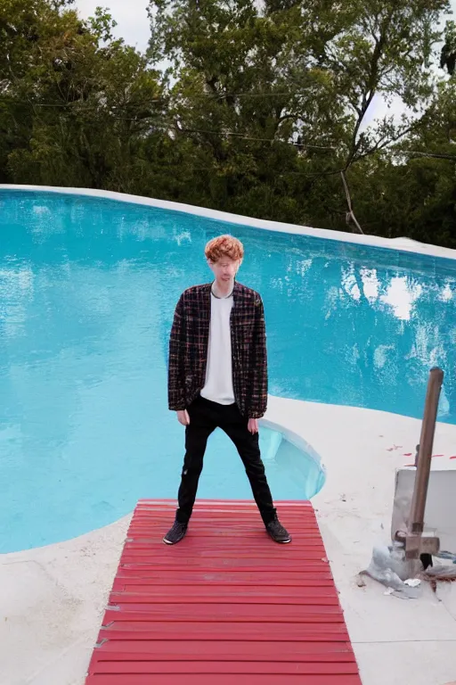 Prompt: troye sivan standing on the diving board, red weapon 8 k s 3 5, cooke anamorphic / i lenses, highly detailed, cinematic lighting