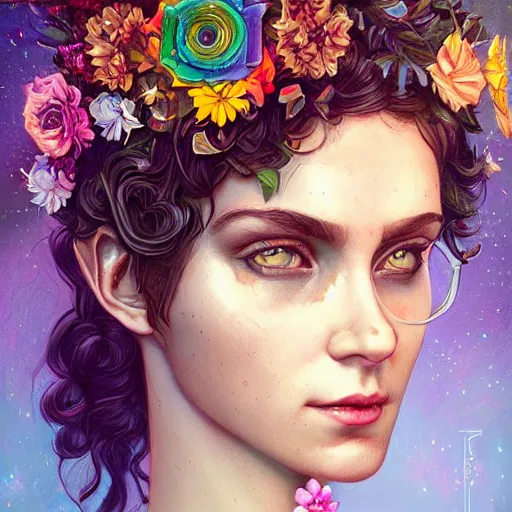 Image similar to Lofi cyberpunk portrait beautiful woman with short brown curly hair, roman face, Romanesque, unicorn, rainbow, floral, Pixar style, Tristan Eaton, Stanley Artgerm, Tom Bagshaw