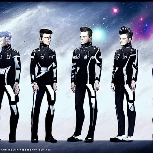 Image similar to Group art of Starset in sci fi uniforms; hyper realistic, high detail, unreal engine, artstation, deviantart