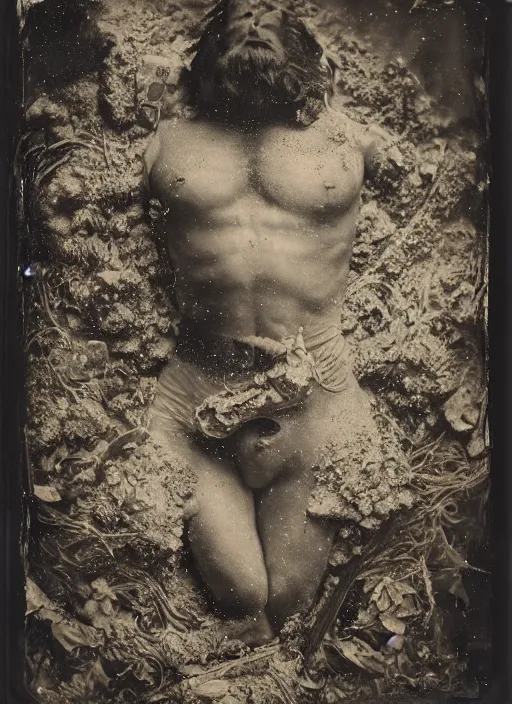 Image similar to old wetplate daguerreotype portrait of the birth of a super hero, explosion of data fragments, fractal, intricate, elegant, highly detailed, parallax, leica, medium format, subsurface scattering, by jheronimus bosch and greg rutkowski and louis jacques mande daguerre