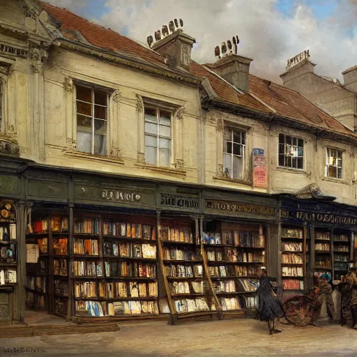 Image similar to jean-Baptiste Monge and Solomon Joseph Solomon and Richard Schmid and Jeremy Lipking victorian genre painting painting of an english 19th century english bookshop store front on a stone city streat with shops and stores