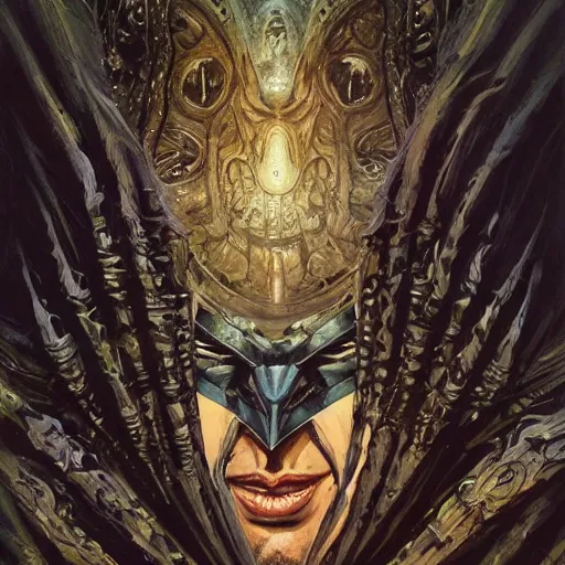 Prompt: low angle shot of a batman by clive barker, psychedelic, mind-bending, intricate, elegant, highly detailed, centered, digital painting, artstation, concept art, smooth, sharp focus, illustration, artgerm, Tomasz Alen Kopera, Peter Mohrbacher donato giancola, Joseph Christian Leyendecker, WLOP, Boris Vallejo.