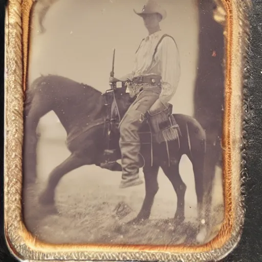 Image similar to tintype photo, bottom of the ocean, cowboy riding alien