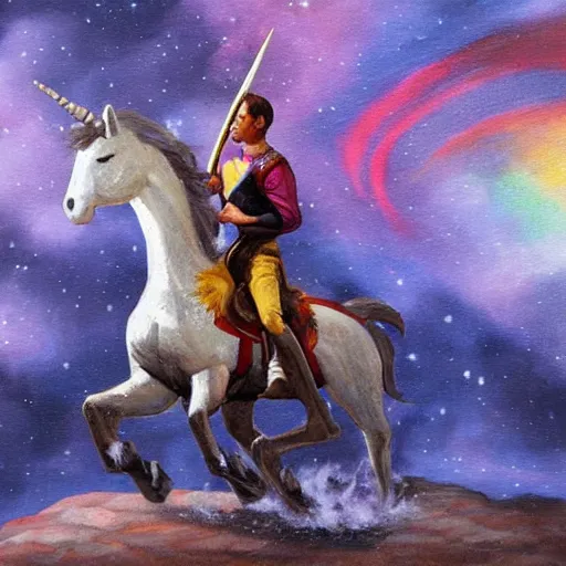 Prompt: wesley crusher riding a unicorn into battle oil painting