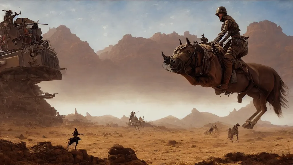 Prompt: a person riding a horse in the desert in the foreground, a battle between soldiers and 1920's bipedal mechs in the distance, mountains in the background, a large steampunk airship patrolling above, painted by Jakub Rozalski