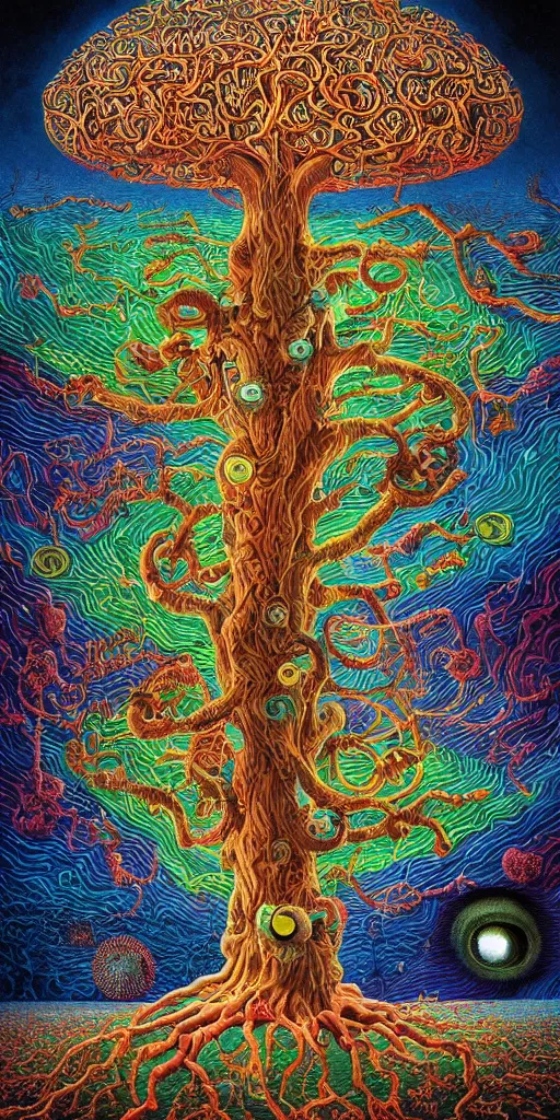 Prompt: the day the brain and the eyeball discovered that we were part of the tree of life in a simulation by james jean, by jacek yerka, bioluminescence, rainbow, lovecraftian, masterpiece, vibrant colors, cosmic horror, poster art, clear focus, cinematic lighting, hyper detailed, brain waves