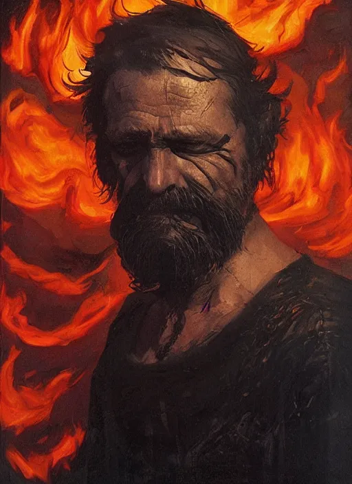 Prompt: portrait of grizzled sailor on sea of black flame, coherent! by brom, deep color, strong line, high contrast