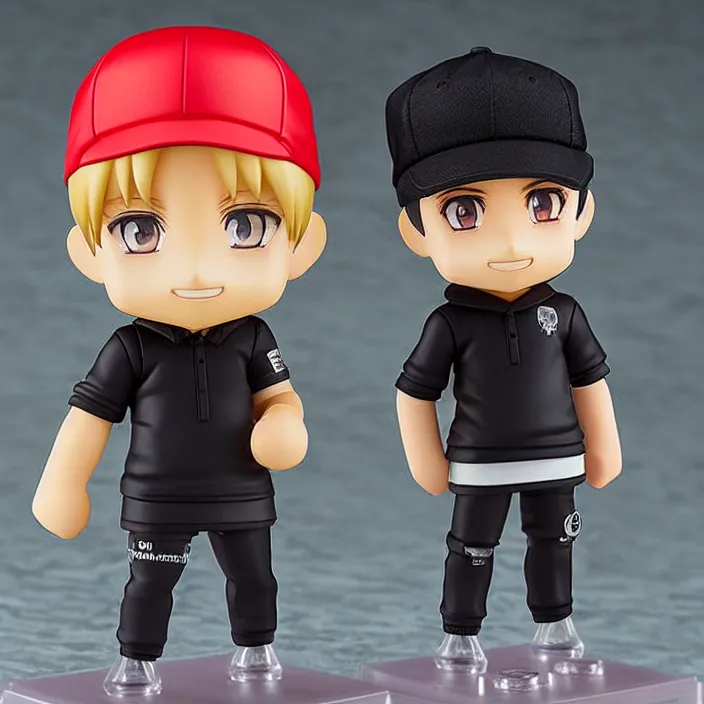 Image similar to a anime nendoroid of Eminem with black cap and black clothes and beard, figurine, product photo, detailed