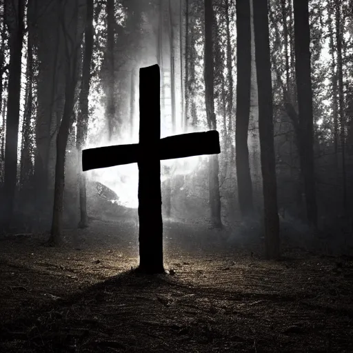 Image similar to robert lewandowski in front of a burning christian cross, night, forest, dark, black