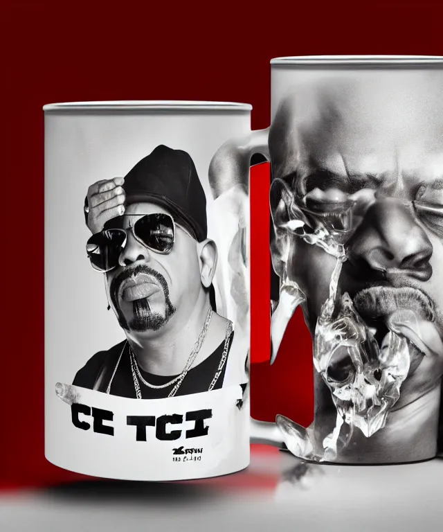 Prompt: ice - t rapper on the side of a mug full of iced tea, product showcase, studio lighting