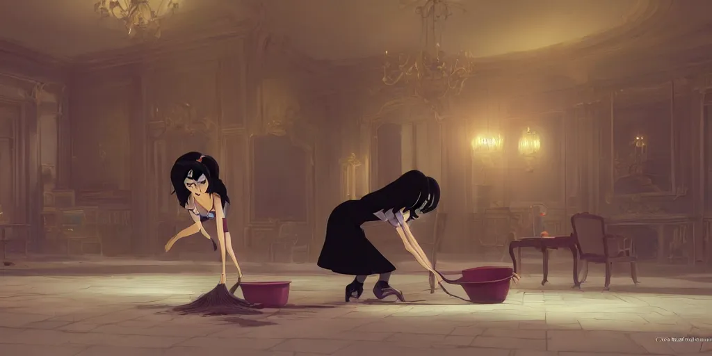 Image similar to animation key shot of a pretty woman with black hair dressed as a maid sweeping the floor in an elegant palace bedroom, studio ghibli, pixar and disney animation, sharp, rendered in unreal engine 5, anime key art by greg rutkowski, bloom, dramatic lighting