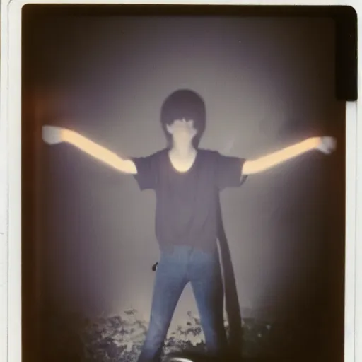 Prompt: A teenager summoning a demon, 1980s Polaroid photo-journalism flash photography