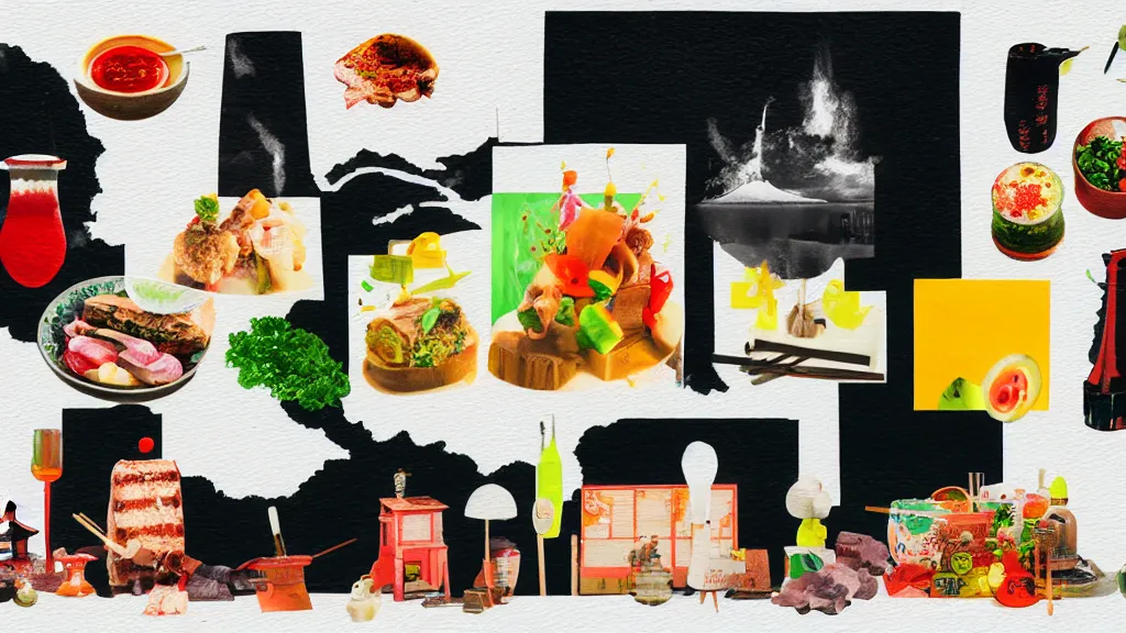 Image similar to an arrangement of foodie traveller props, japan, a collage painting, in the style of wes anderson, lola dupre, david hockney, isolated on negative white space background dark monochrome neon spraypaint accents volumetric octane render