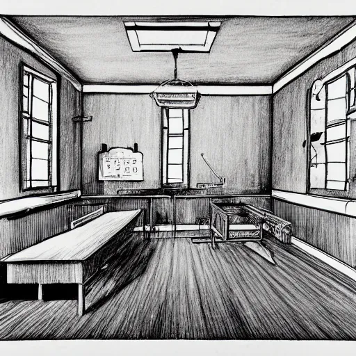 Prompt: blue ink pen drawing of a creepy abandoned old surgery room