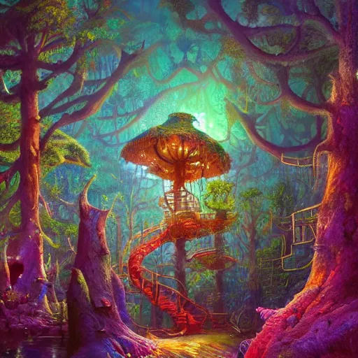 Image similar to detailed concept colorful fantasy painting of a transcendental treehouse, artwork by Paul Lehr and Lexander Jansson, framed focus, cinematic lighting, hyperdetailed, 8k, high resolution, insanely detailed and intricate, octane render