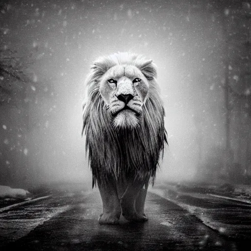 Image similar to an award winning National Geographic picture of a white lion wearing a denim Jacket in the snow by Lee Jeffries, 85mm ND 5, perfect lighting in a snow storm