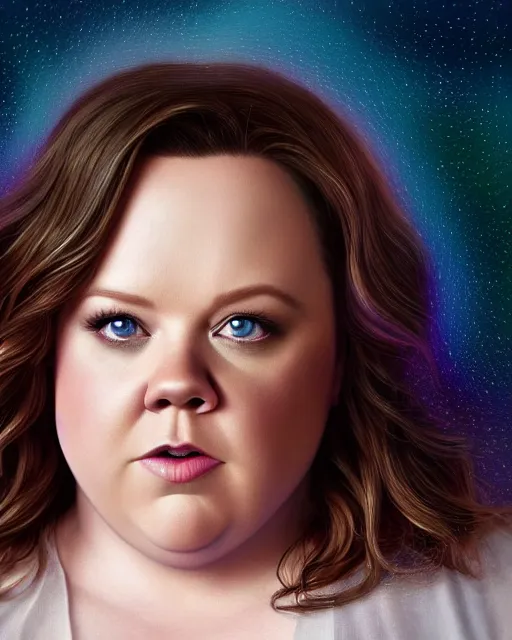 Image similar to Full potrait of Melissa McCarthy as an angel, hyper realistic, prismatic highlights, atmosphere, gorgeous, depth of field, cinematic, macro, concept art, 50mm, artstation, wlop, elegant, epic, weta digital, focus, octane render, v-ray, 8k, kodak portra, art by Liberatore