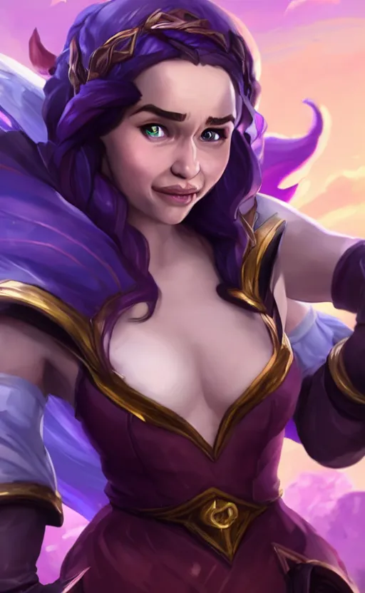 Prompt: Emilia Clarke as a character in the game League of Legends, with a background based on the game League of Legends, smiling, detailed face, old 3d graphics